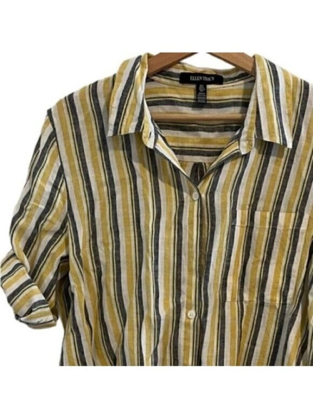 Ellen Tracy Black White Yellow Linen Front Tie Button Up Collar Stripe Top Size